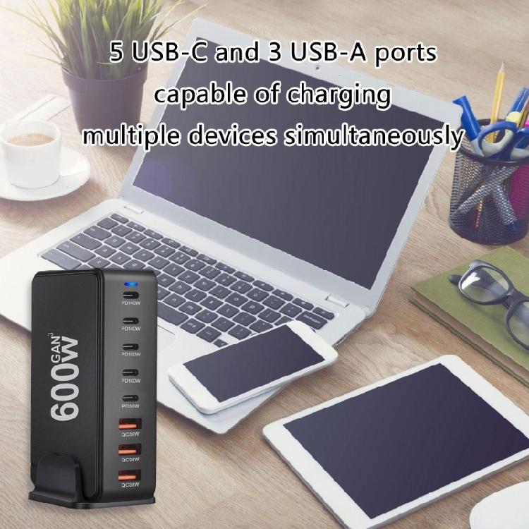 Быстрое зарядное устройство 600 Вт, 8 портов USB C и USB A, адаптер питания для быстрой зарядки ноутбуков, планшетов и телефонов