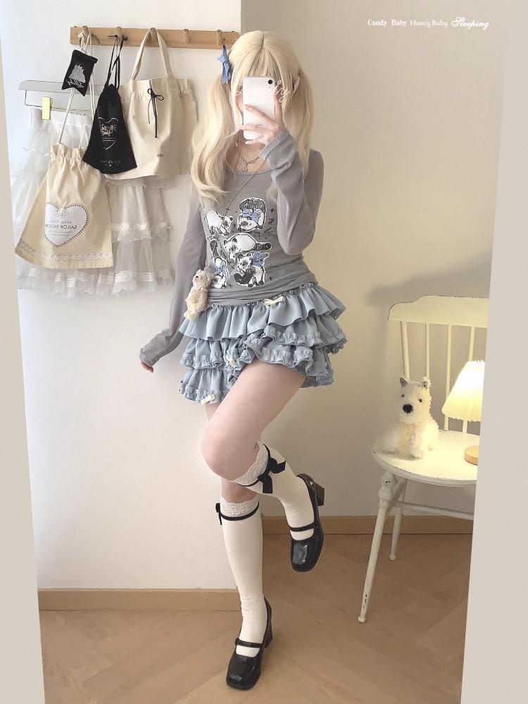 Юбка мини с милыми оборками Y2K для женщин, юбка-бантик в стиле кавайной Лолиты, юбка-трапеция в стиле Харадзюку в японском стиле с высокой талией, розовая, синяя, с тортом