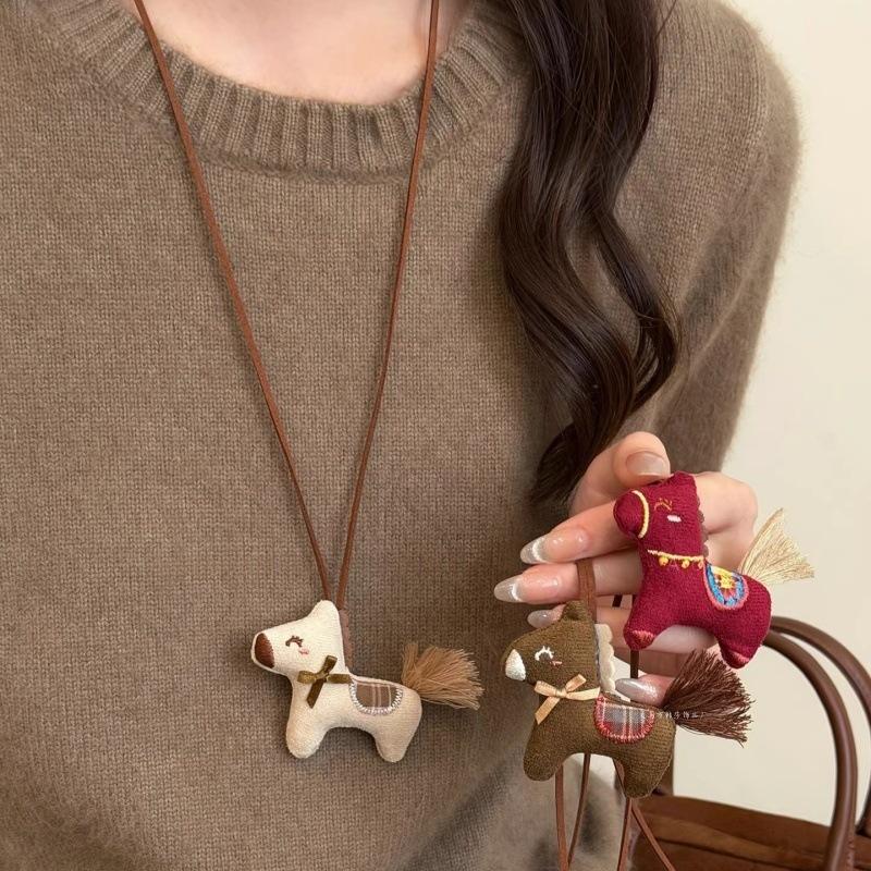 LATS Cute Cartoon Fabric Plush Pony Pendant Necklace for Women Long Rope Sweater Chain Fashion Zircon Accessory