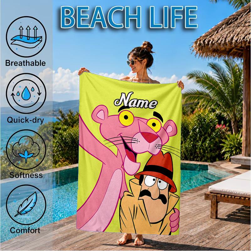 Custom Name Pink-Panther Heart In Space Adventure Microfiber Beach Towel, Lightweight for Summer Travel, Swimming Pool Fan Gift