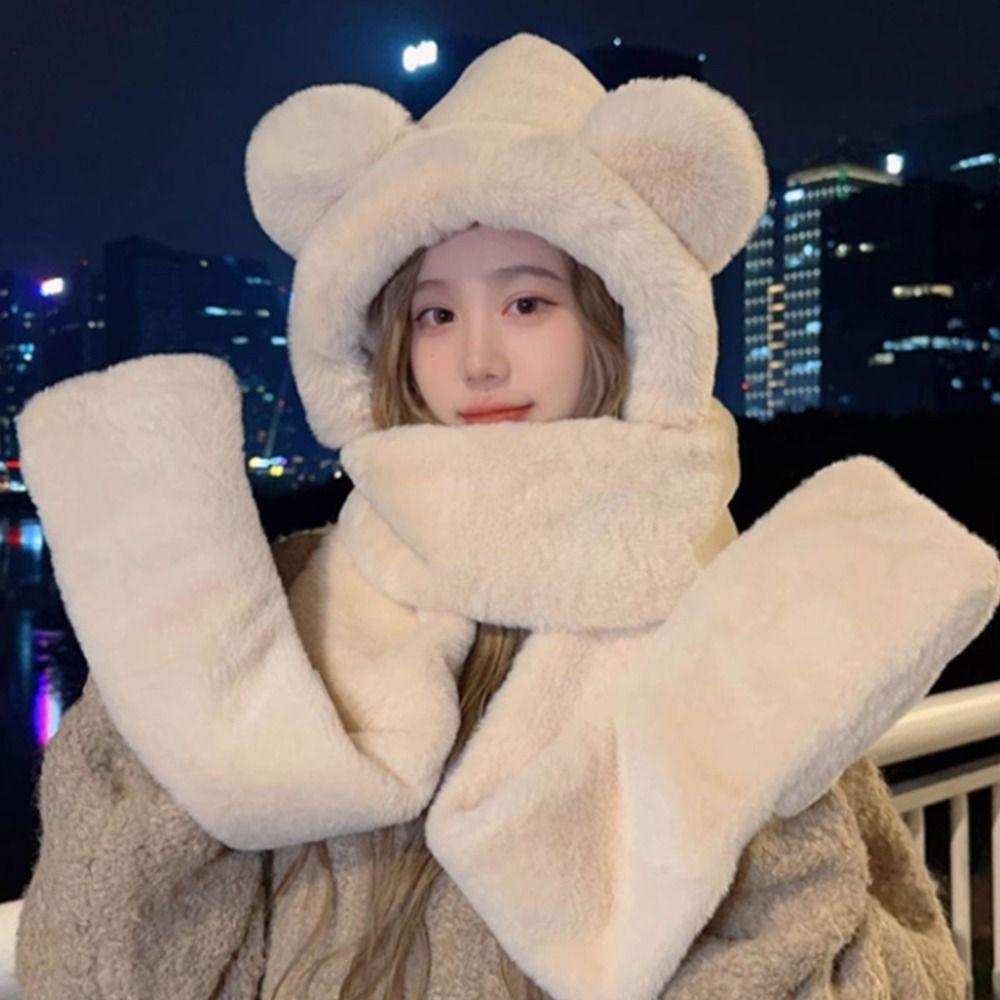 Plush Beanies Caps Thickened Ear Protection Cap Cute Bear Ears Hat for Woman Girls