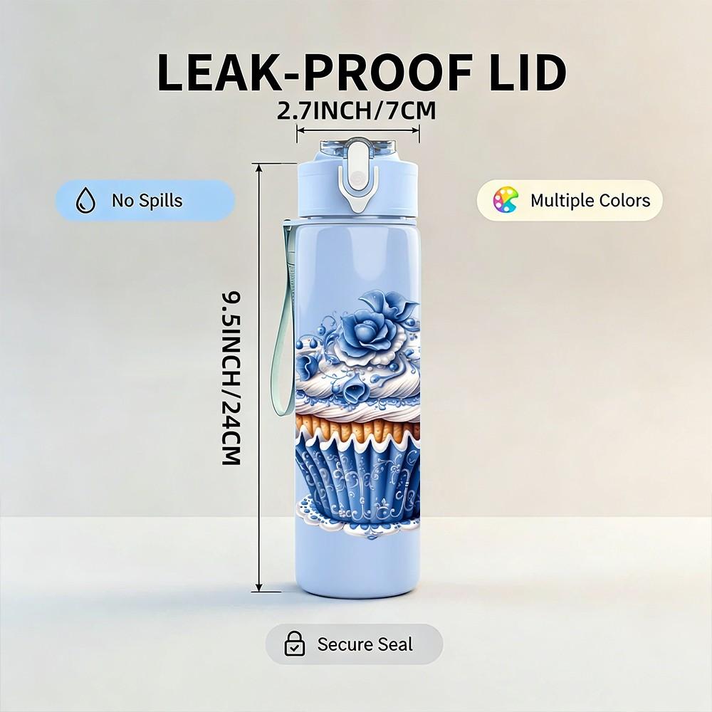1PC Blue Frosted Cupcake 750ml Color Plastic Sports Water Bottle Leakproof Flip Straw Lid Suitable for Sports Office Home Use