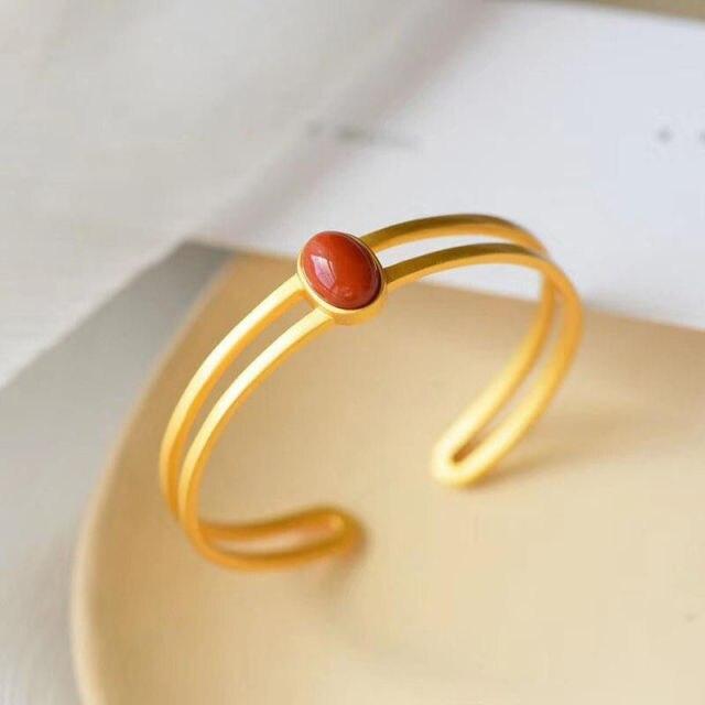 Original S925 Sterling Silver High -End Gold Plating Hetian Jade South Red Jasper High -End Gift For Women Open -End Bangle Bracele
