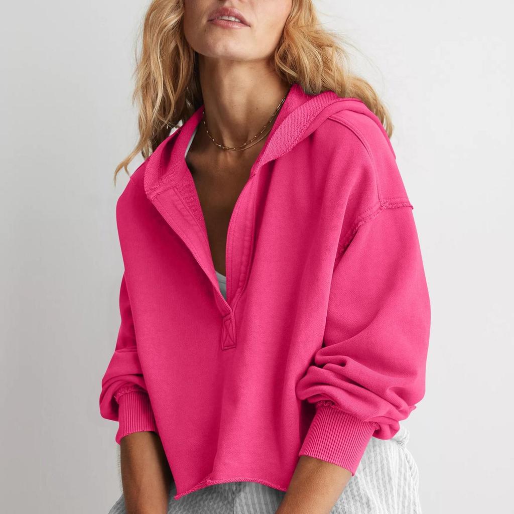 Женская модная однотонная свободная кофта с V-образным вырезом и длинными рукавами, короткая толстовка с капюшоном