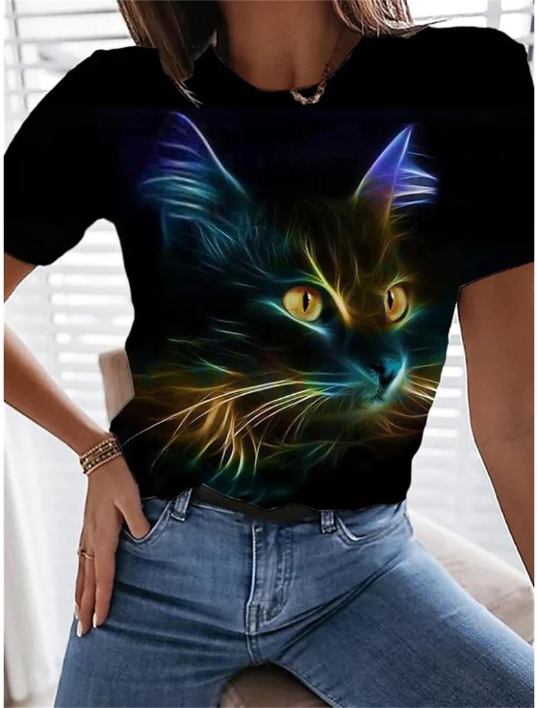 Женская футболка Tee Cat Daily Weekend Print Black Short Sleeve Fashion Graphic Design Round Neck t Shirts for women Summer