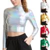 Women Liquid Party Mock Turtleneck Sexy Crop Short Top Tunic Blouse