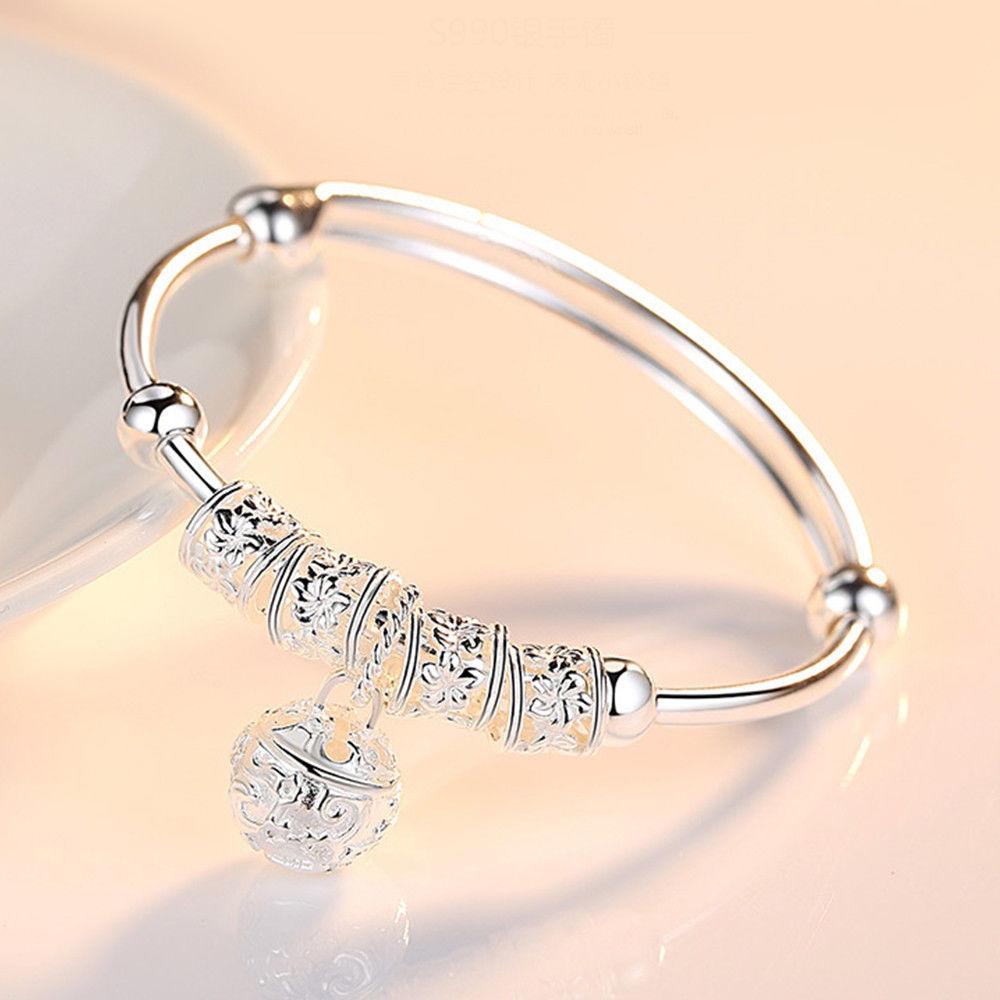 925 Sterling Silver Hollow Bells Ball Bangles Adjustable Bracelets for Women Fashion Holiday Gifts Party Wedding Jewelry