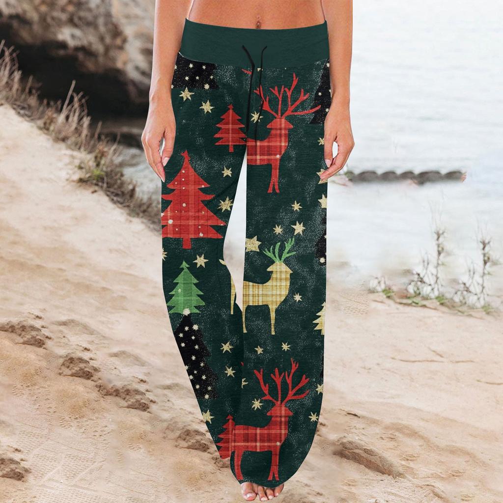 Women's Fashion Casual Comfortable Pajama Pants Christmas Print Drawstring Wide Leg Pants