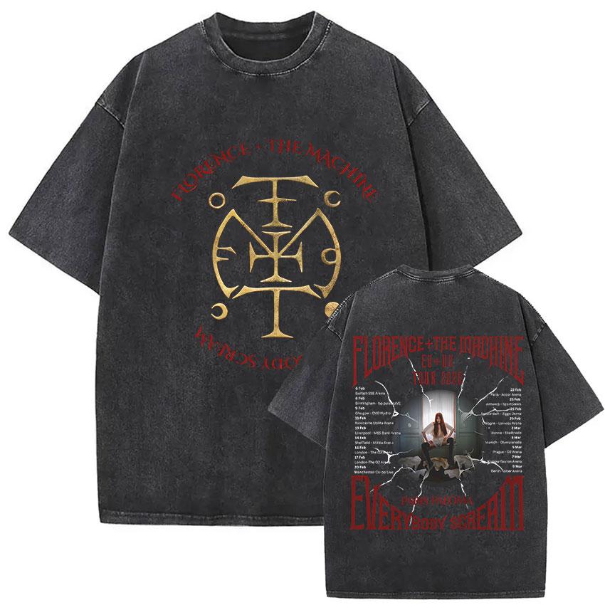 Florence and The Machine Tour Vintage Washed T Shirt Men Women Harajuku Aesthetic Oversized Cotton Tshirts Yk Streetwear