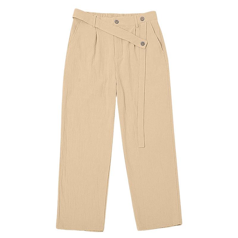 Men’s Fashionable Linen Asymmetrical Tie-Fastening Belt and Linen Casual Wide-Leg Trousers