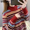 Half Turtleneck Sweater Women's Autumn and Winter Retro Pullover Versatile Long-sleeved Loose Striped Knitwear