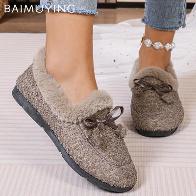 Туфли на плоской подошве женские мокасины с бантом из меха дизайнерская повседневная обувь короткие плюшевые хлопковые сапоги зимние новые брендовые теплые тренды 2024 года Zapatos Femme