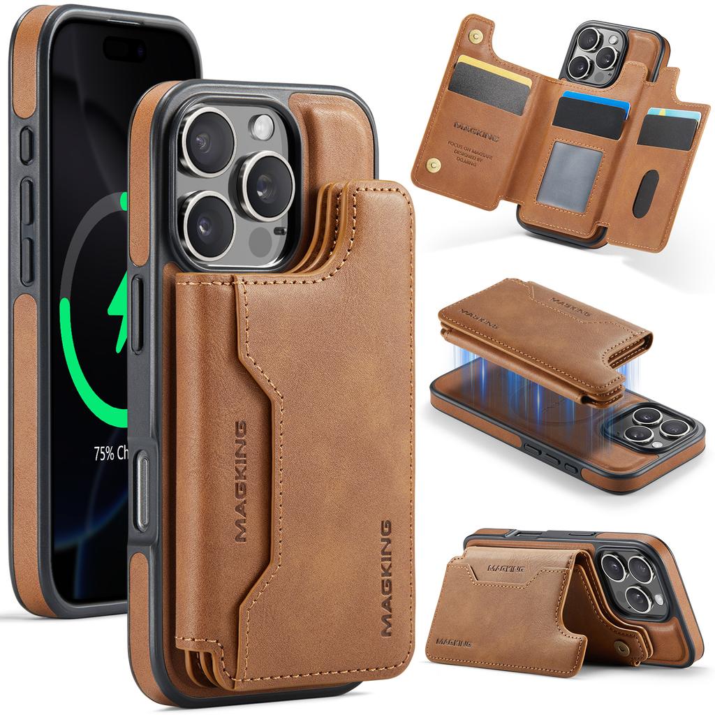 MAGKING K3 Series For iPhone 16 Pro Case Compatible with MagSafe Wallet PC+TPU+PU Phone Cover