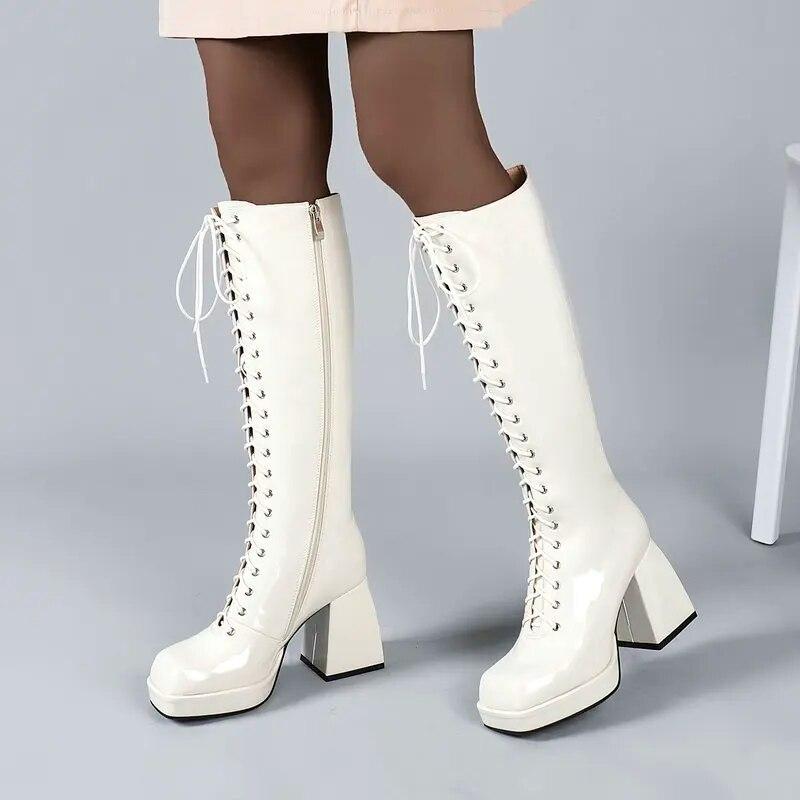 Sexy Patent Leather Knee High Boots Platform Women Boots Chunky High Heel Lace Up Long Boots Autumn Winter Zipper Woman Shoes