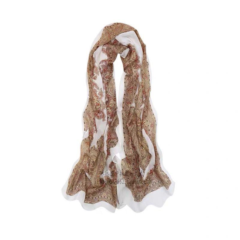 Винтажный длинный шелковый шарф с принтом, длинный шифоновый платок, песочный шарф для женщин, универсальный шарф для защиты шеи