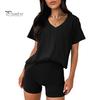 2 шт./комплект женский футболка шорты комплект костюм V-образный вырез короткий рукав однотонный свободный топ высокая талия мини шорты спортивный наряд повседневный спортивный костюм