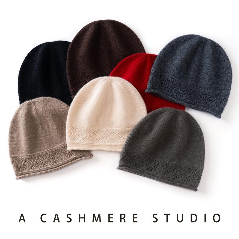 New cashmere blended rolled edge hollow warm knitted dome cashmere cap