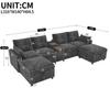 Modular corner sofa 6-seater U-/L-shape, 2 storage ottomans, console with shelf surface, compartment & cup holders, USB & Type-C, chenille, Grey