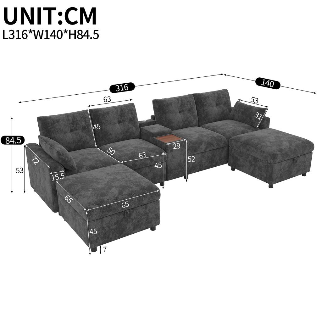 Modular corner sofa 6-seater U-/L-shape, 2 storage ottomans, console with shelf surface, compartment & cup holders, USB & Type-C, chenille, Grey