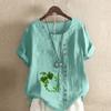 Women's New Fashion Linen Shirt Round Neck Short Sleeve Green Plants Printed T-shirt Summer Ladies Casual Blouse Tops