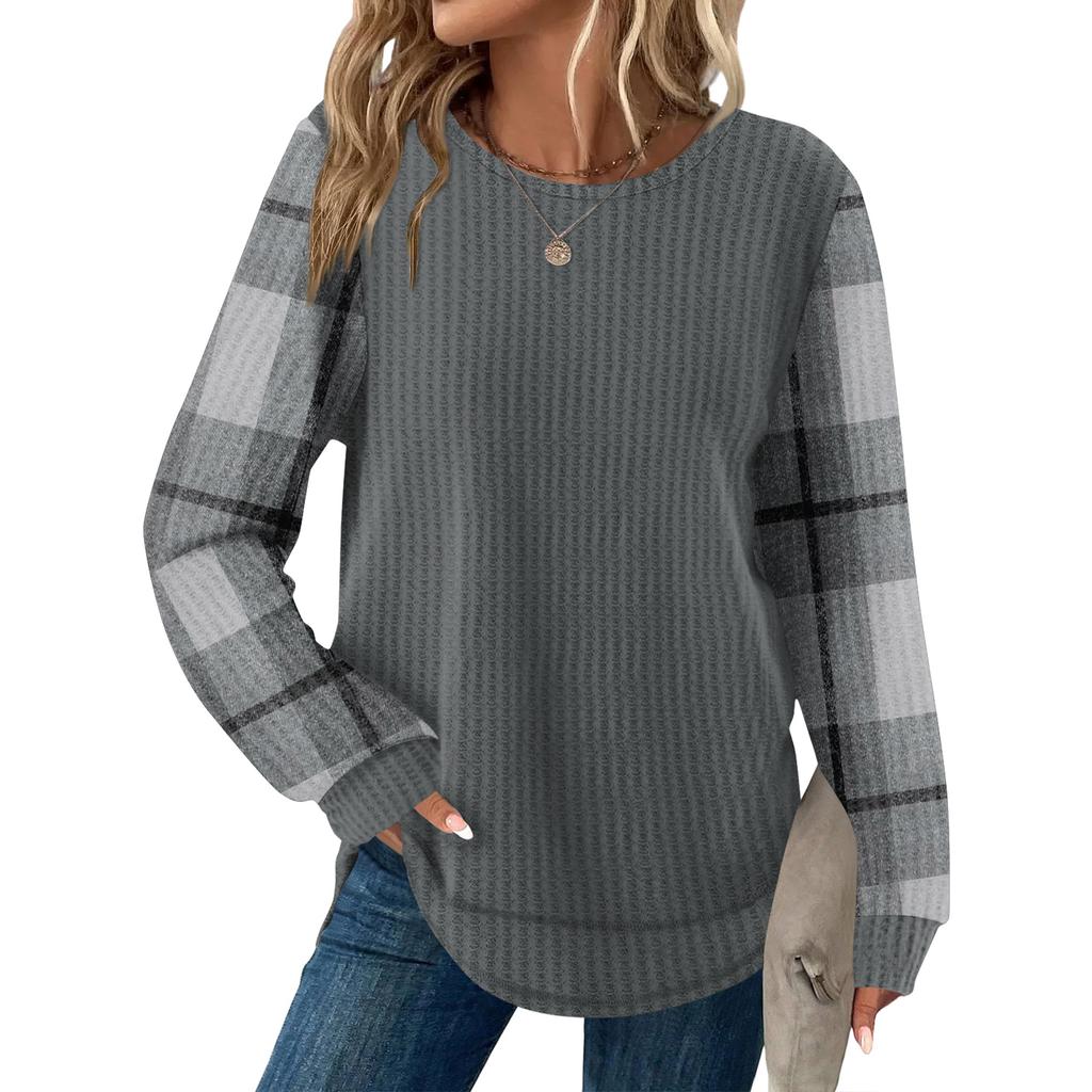 Женский повседневный топ свободного кроя с круглым вырезом и длинными рукавами в клетку
