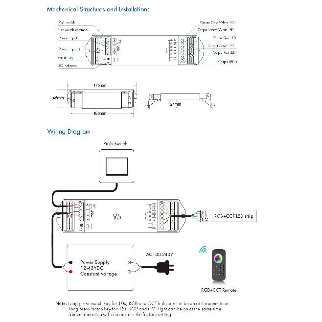 Skydance 5 in1 RGB+CCT LED Controller V5 V5-M V5-L 5 Channel 2.4G HZ WiFi/RF LED Dimmer RGB+Color Push