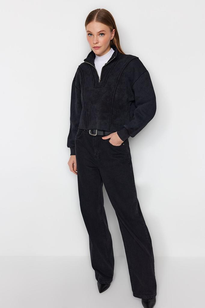 Женская модная стильная толстовка антрацитового цвета с эффектом античного выцветания, толстый флис внутри, удобный крой, укороченный вязаный свитшот