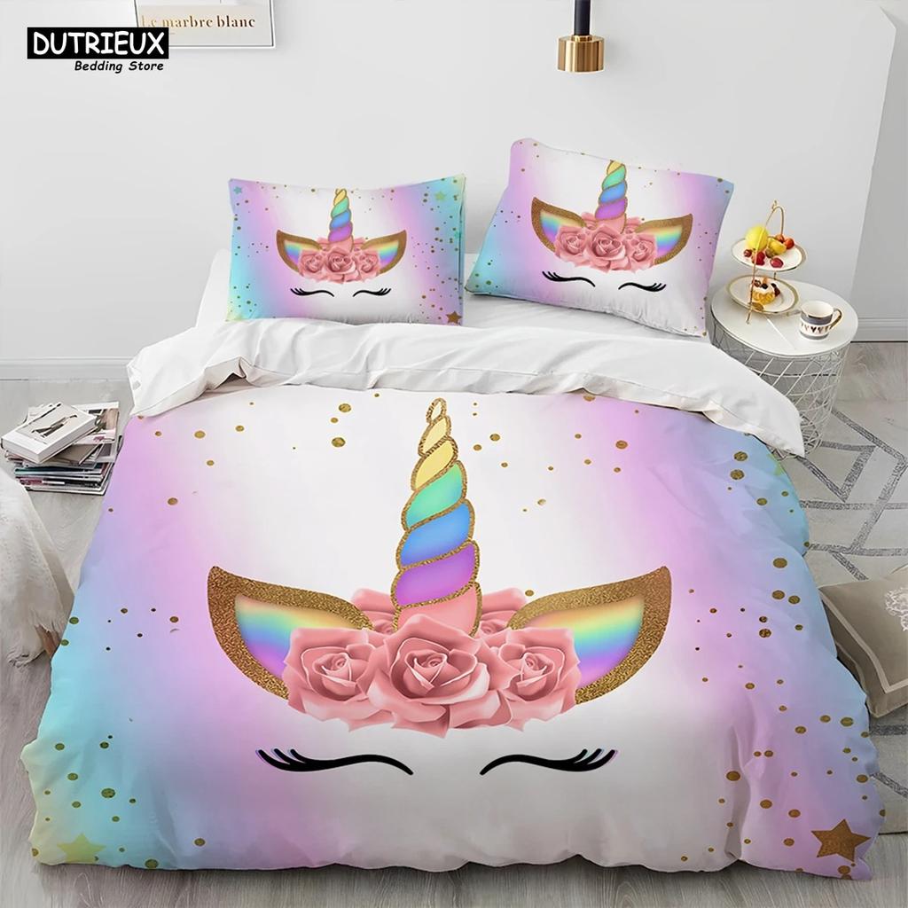 Unicorn Cute Cartoon Comforter Bedding Set,Duvet Cover Bed Set Quilt Cover Pillowcase,Queen Bedding Set