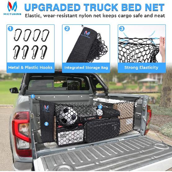 MICTUNING Truck Bed Cargo Net Highly Elastic Cargo Net With Storage Bag Small Mesh Durable Storage Organizer Compatible For 2013-2024 Chevy Silverado