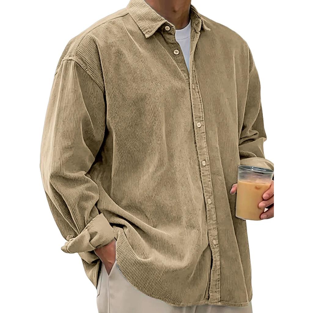 Men's Casual Solid-color Corduroy Button Shirt, Men's Long-sleeved Trendy Loose Square-neck Thick Shirt