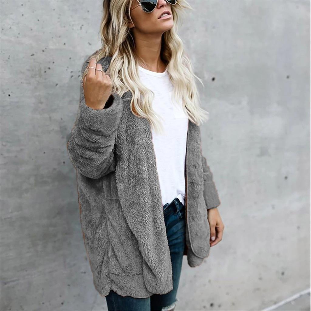 Женский модный плюшевый костюм с лацканами, свободная однотонная куртка средней длины с длинными рукавами