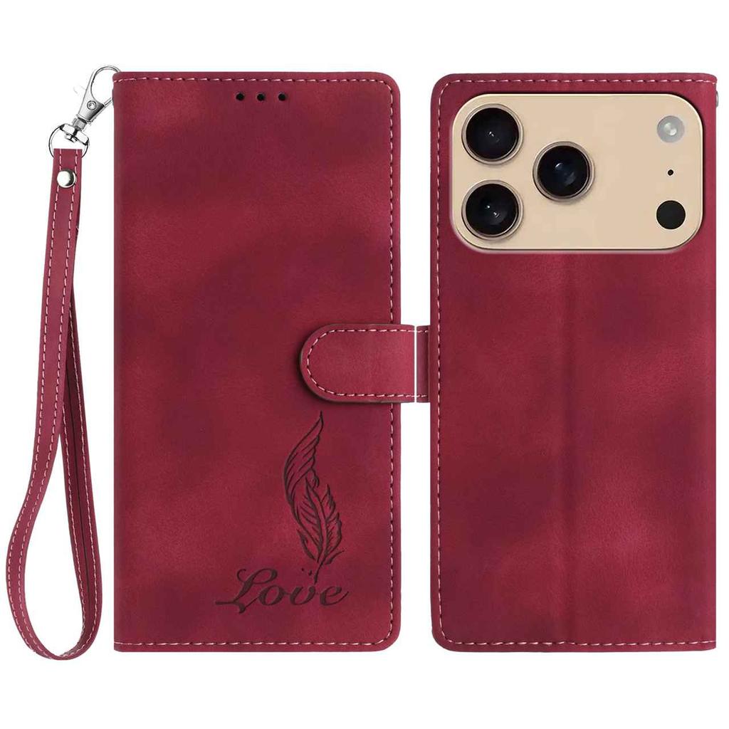 For iPhone 17 Pro Case Imprinted Feather PU Leather Wallet Phone Cover with Wrist Strap