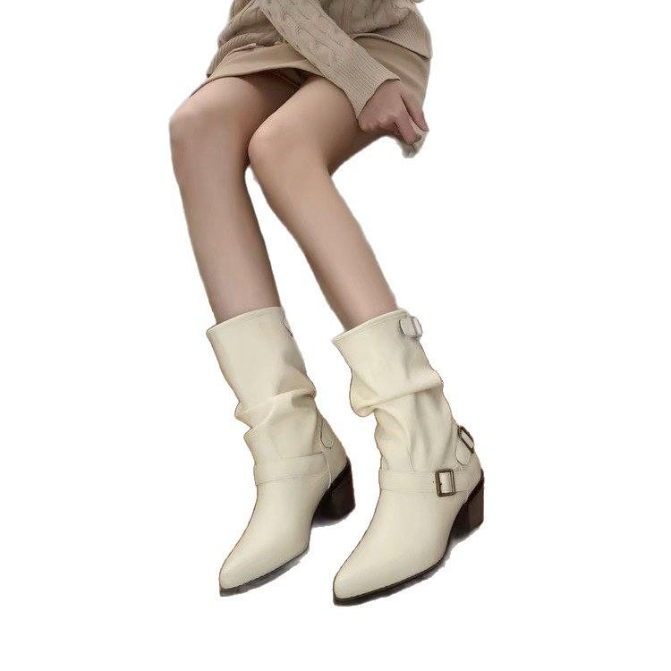 Ботинки Женские Лето 2025 Новые Премиум Пряжка Ремень Ботинки Мартин Заостренный Толстый Каблук Ботинки на Меху Ковбойские Ботинки в Западном Стиле