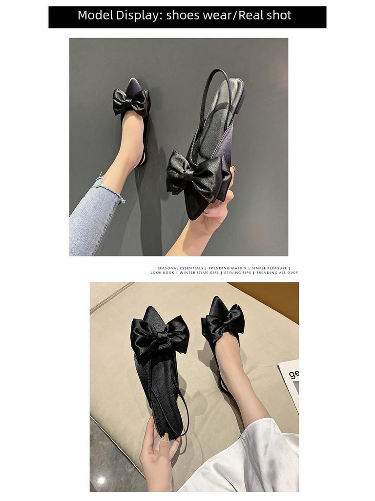 2022 Европейские женские шелковые босоножки с острым носком и бантом - Летние двухкомпонентные босоножки на квадратном каблуке
