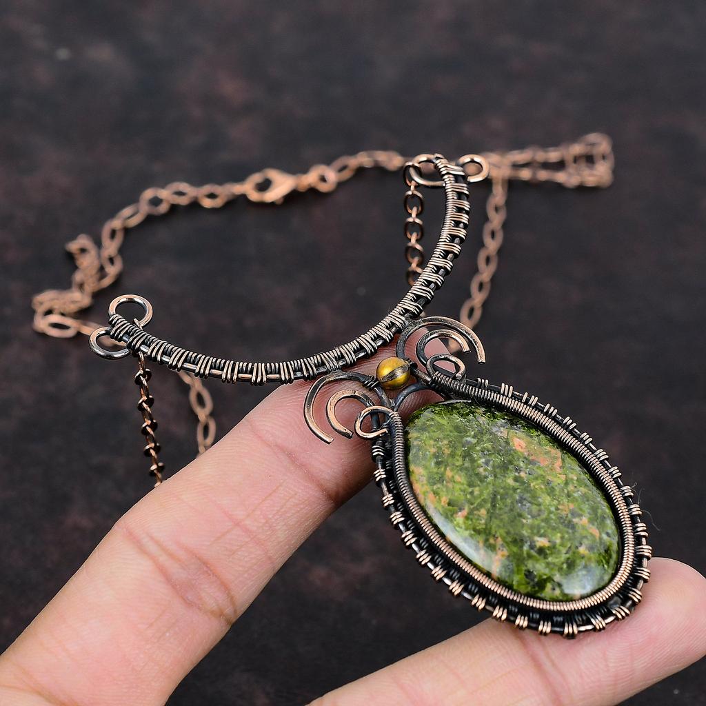 Ожерелье из драгоценных камней унакит, обернутое медной проволокой, регулируемое медное ожерелье, ювелирные изделия ручной работы, ожерелье из проволоки, специальный женский подарок