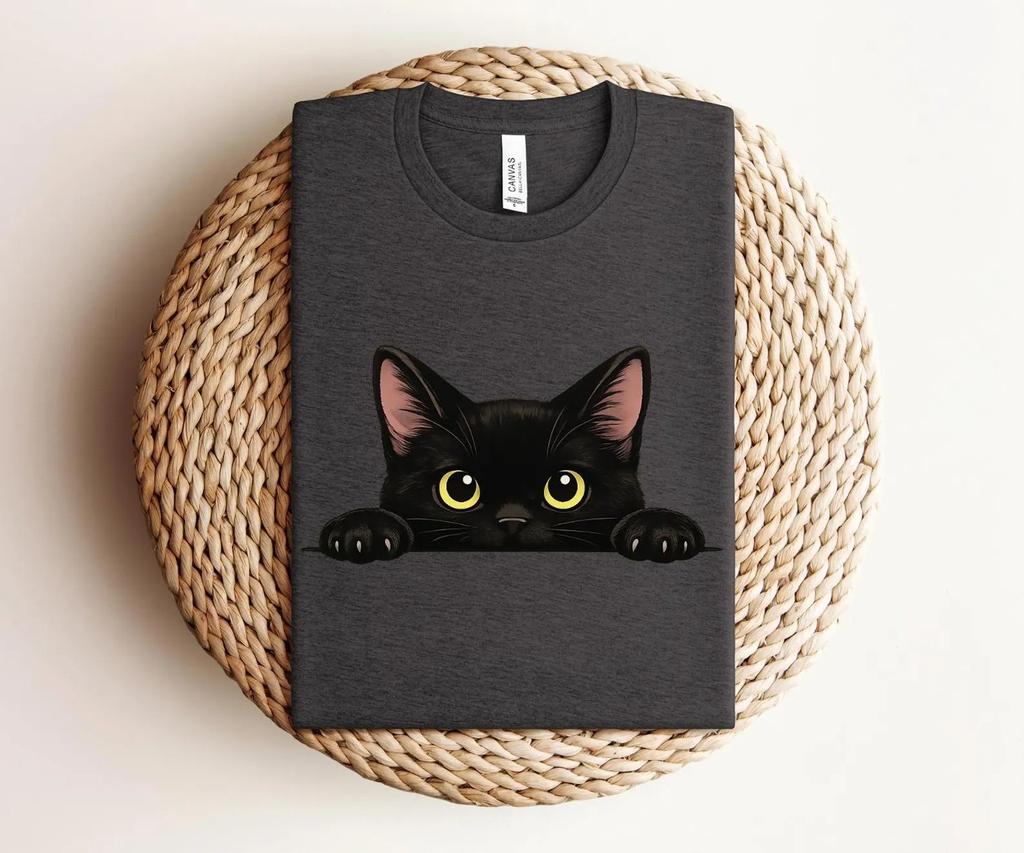 Cute Black Cat Shirt, Cute Cat Lover Black Cat Shirts, Cat Peeking T-Shirt