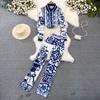 Autumn Spring Blue And White Porcelain Flower Print Two Piece Set Women's Long Sleeve Shirt Top+Pocket Pencil Pant Suit Outfits