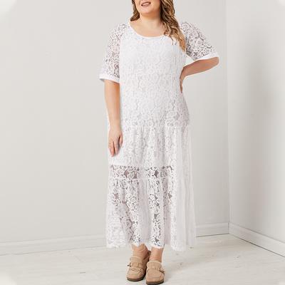 Женское летнее повседневное платье с круглым вырезом и короткими рукавами, длинное кружевное платье