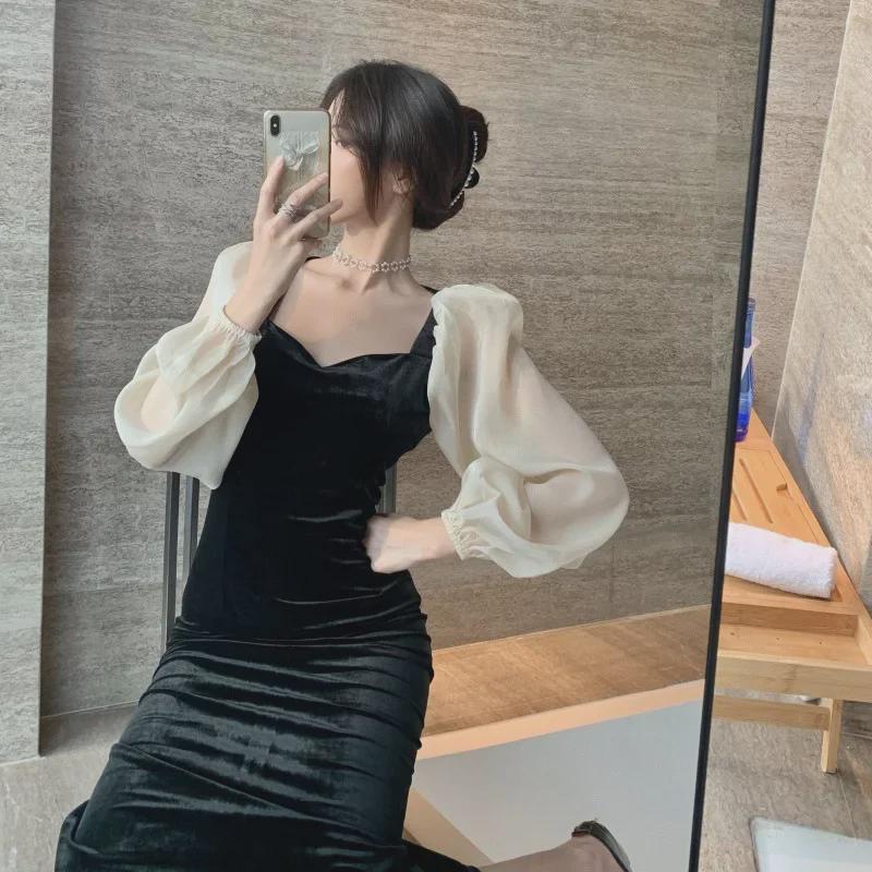 2023 Women's Hepburn-Style Velvet Slim Fit Long Dress