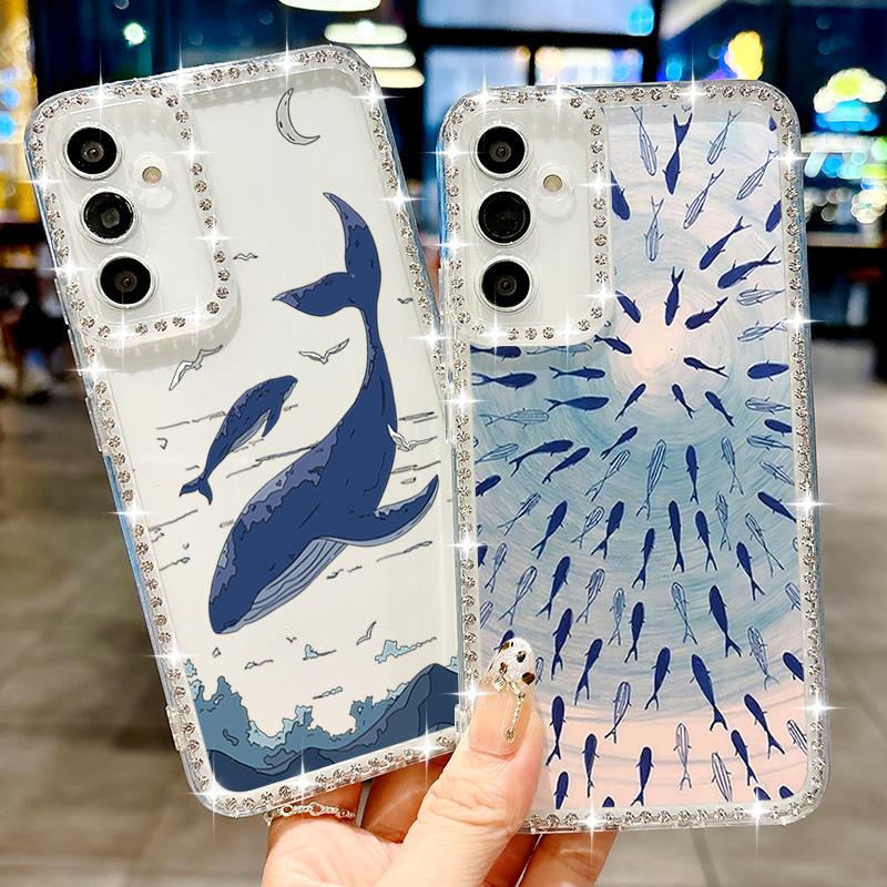 Мягкий силиконовый чехол с рисунком кита для Samsung S25 Edge S24 FE S23 Ultra S22 A16 A56 A36 A15 A55 A35 с ромбовидной рамкой, прозрачный противоударный чехол