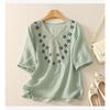 Новый стиль Хлопково-льняная рубашка с вышивкой Женственное кружево V-образный вырез Рукав средней длины Пуловер