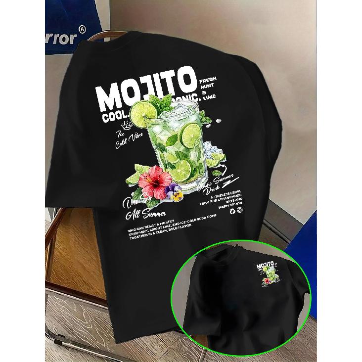 Men's black short-sleeve t-shirt with mojito cocktail graphic, relaxed fit crew neck soft cotton tee for summer casual wear and beach vibes
