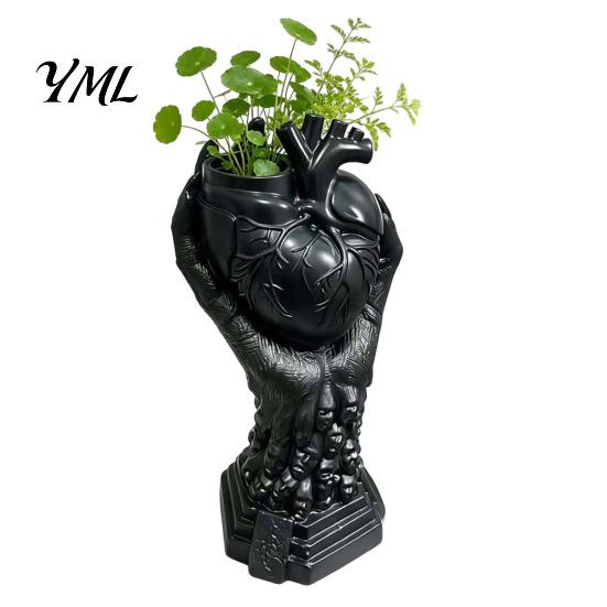 Personalized Window Display Hand Holding Human Heart Organ Vase, Gothic Anatomical Shaped Unique Art Gift Spooky Halloween Desktop Flower Pot