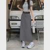 Women's Gray High-Waist A-Line Skirt - Mid-Length, Spring/Summer Styling, Straight Cut with Slit.