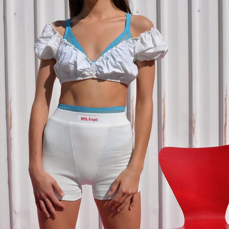 Летние белые байкерские шорты с вышивкой букв, женские вязаные черные шорты с высокой талией, повседневные уличные шорты