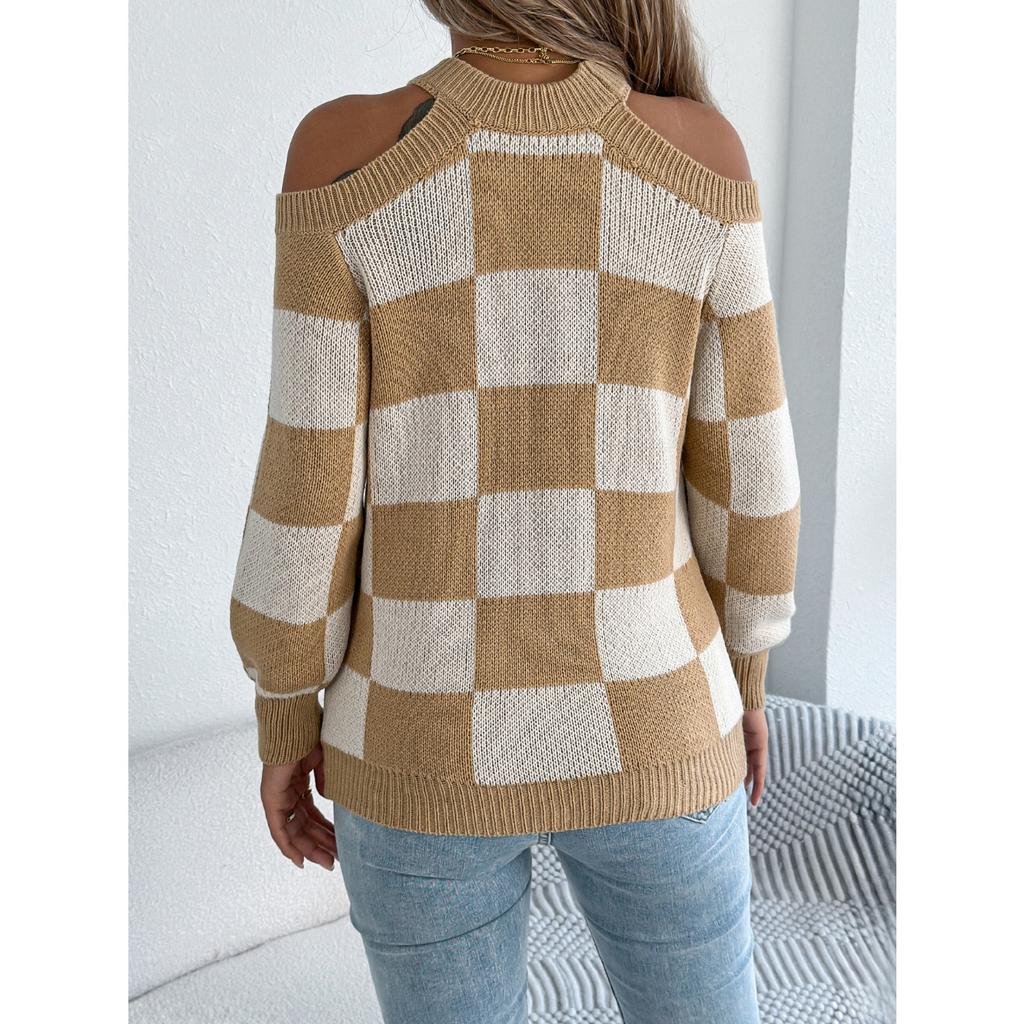 QICED Autumn and Winter Casual Off-the-shoulder, Color-blocking Checkered Lantern Long-sleeved Sweater Women's Wear