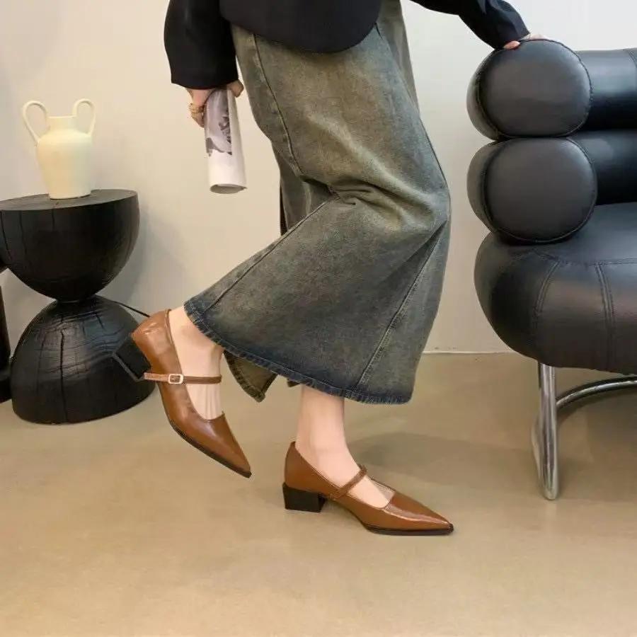 Модные туфли Мэри Джейн на толстом каблуке в ретро-стиле для женщин, модные туфли-лодочки с неглубоким вырезом и острым носком для комфорта леди в офисе