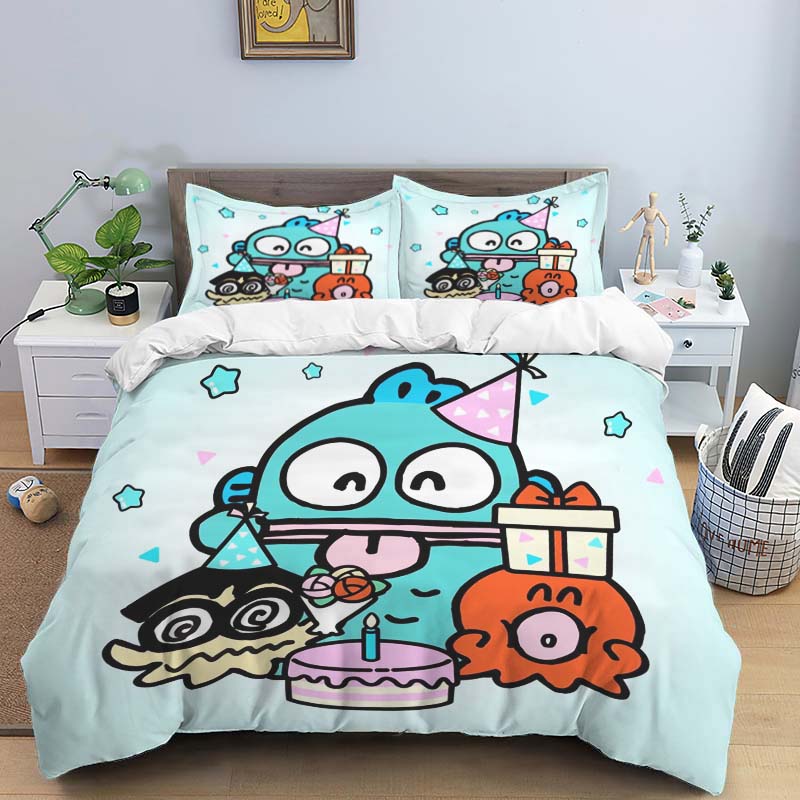 The virtual cartoon character HANGYODON themed three piece bedding set, including duvet covers and pillowcases, is the perfect