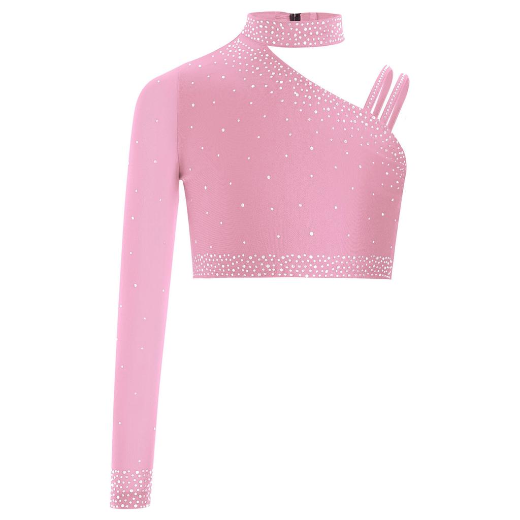 Girls Irregular Shoulder Sparkly Rhinestones Crop Top Dance Performance Stage Costume