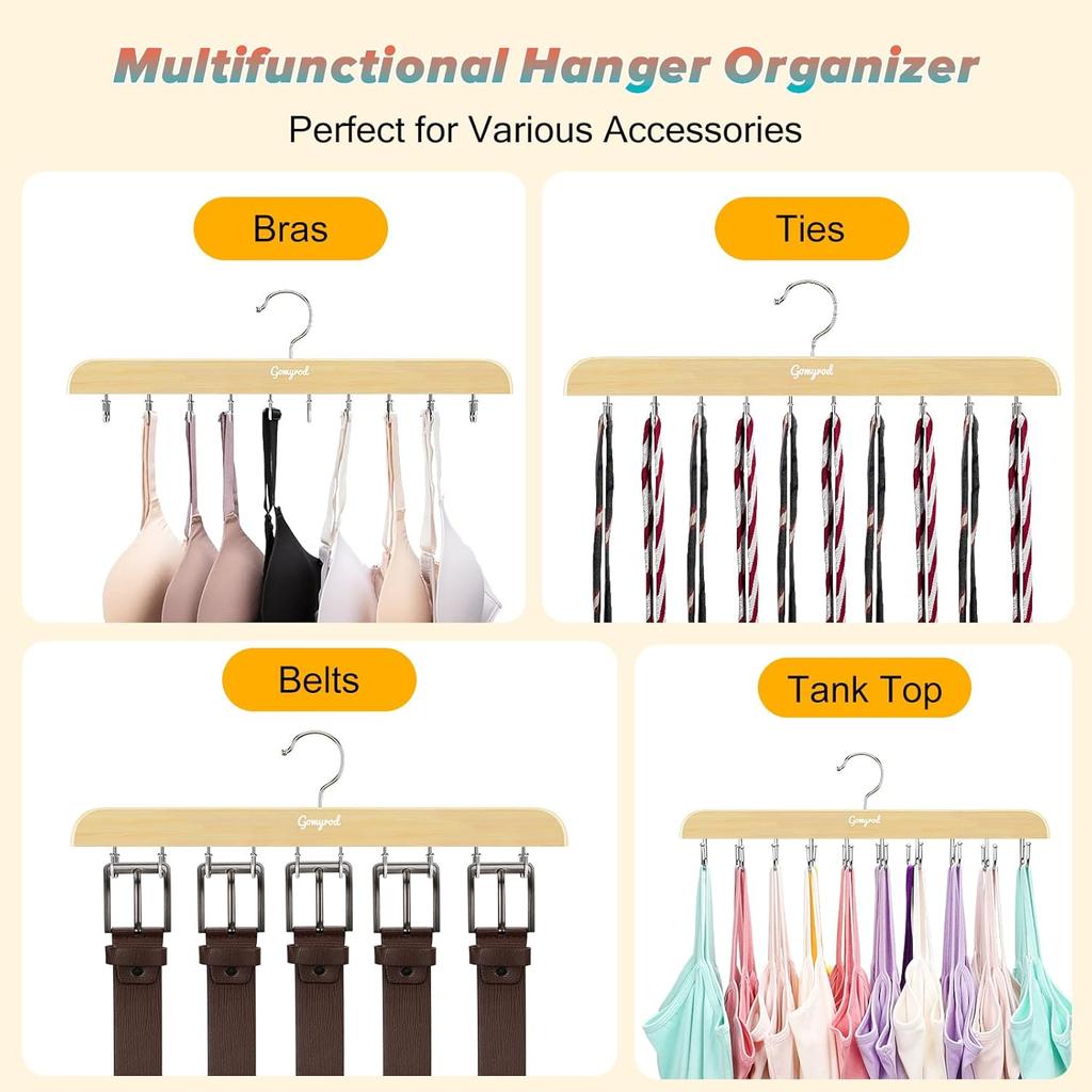 Bra Hanger for Closet, Tank Top Hangers 2 Pack w/20 Hooks Holds 40 Bras, Capacity Foldable Wood Space Saving Hanger, 360°Rotating Closet Organizers